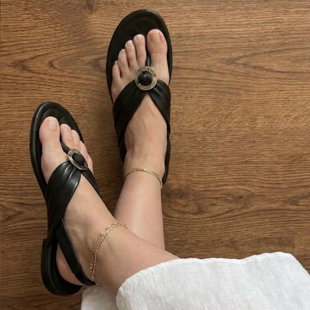 CHANEL Black Leather Thong Slingback Sandals with Silver Logo Ring 38 - Picture 5 of 11